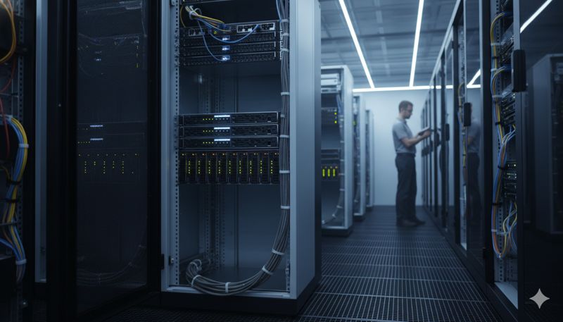 Изображение стоечного (rack-mount) физического сервера в дата-центре