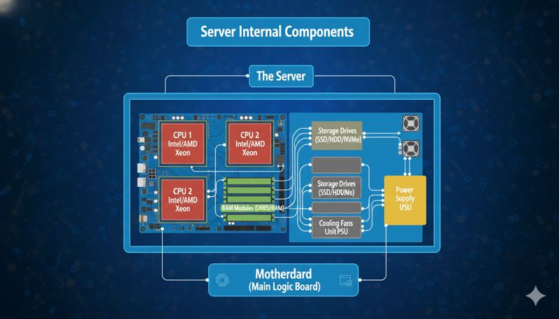 Схематичное изображение компонентов внутри сервера