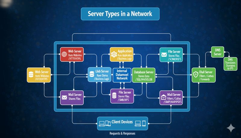 Схематичное изображение различных типов серверов в сети