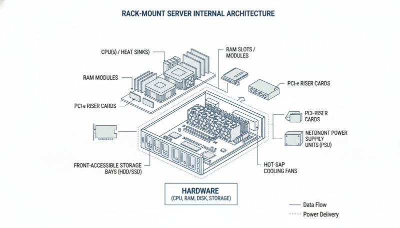 Схематичное изображение внутреннего устройства стоечного серверного компьютера